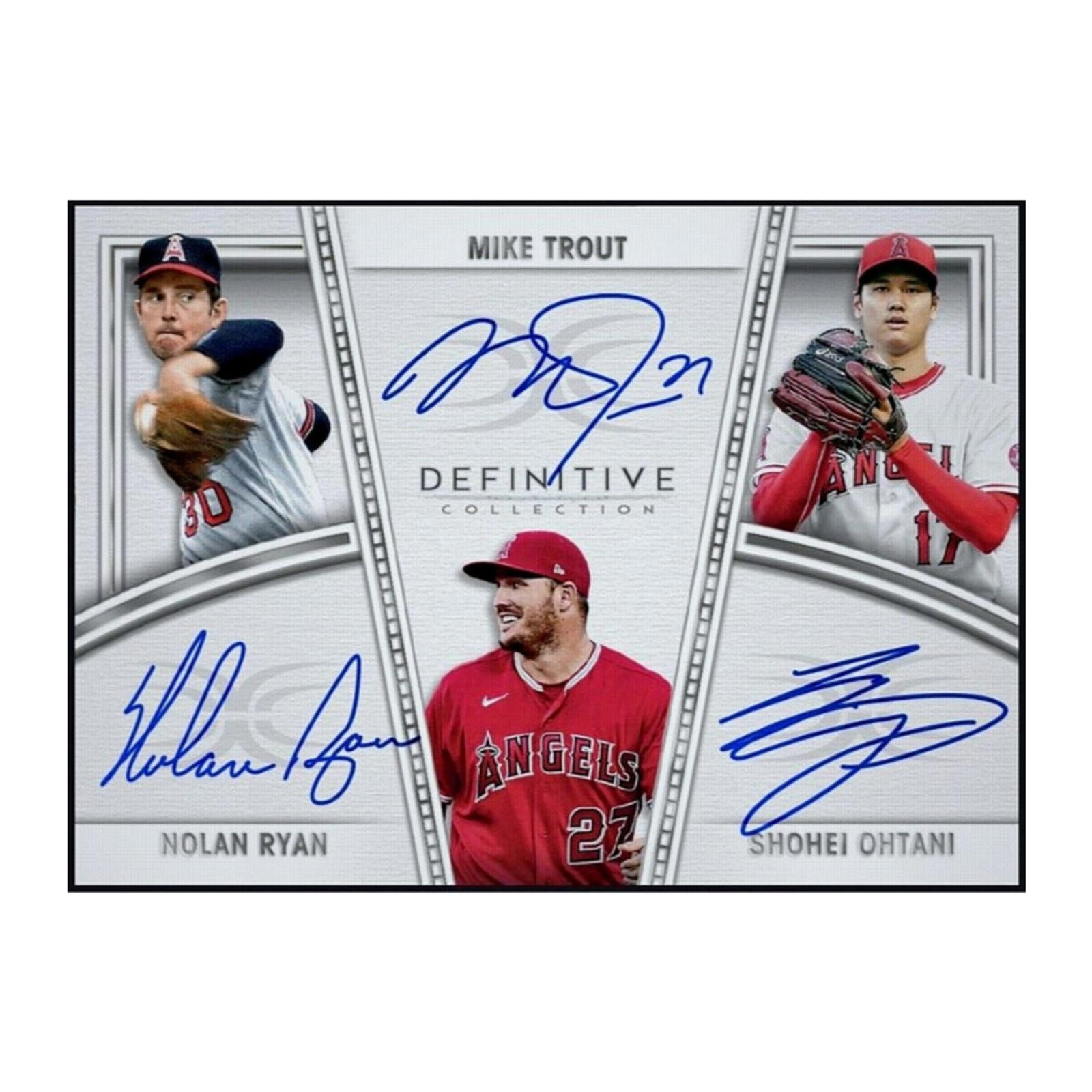 Baseball trading card featuring Mike Trout, Nolan Ryan, and Shohei Ohtani with triple autographs.