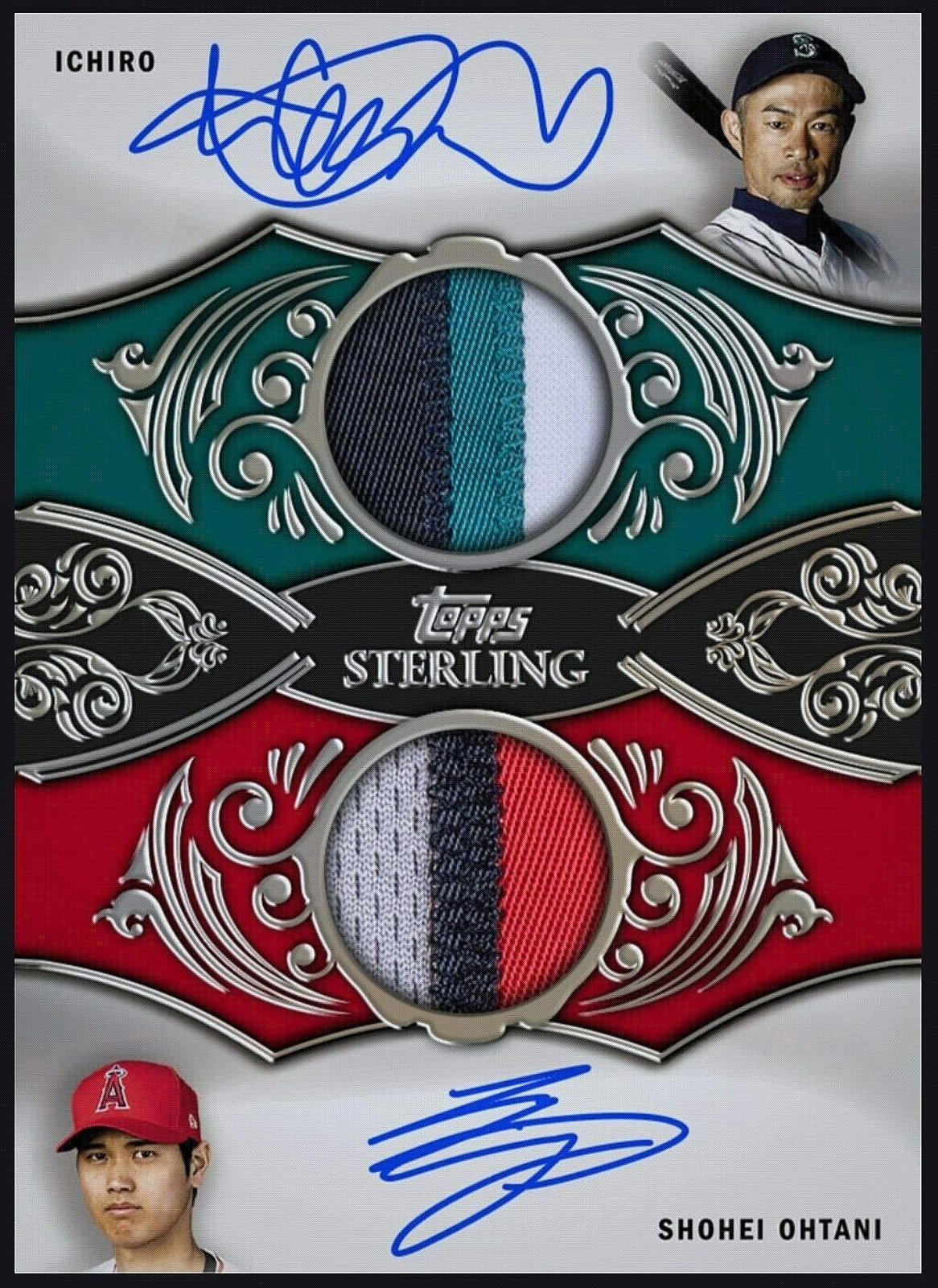 Rare Baseball card featuring Ichiro and Shohei Ohtani with signatures and team logos.